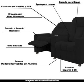 Poltrona Reclinável 2 Lugares para Sala de Cinema Pequim Veludo Preto G23 - Gran Belo