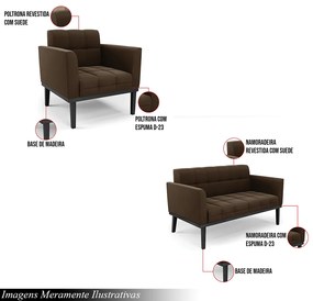 Conjunto Poltrona e Namoradeira Decorativa Karen Pés Fixo em Madeira Preto Suede Marrom 19 - Gran Belo