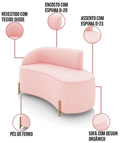 Sofá 2 Lugares Orgânico 140cm Pé Dourado Morgan Suede D03 - D'Rossi - Rosa Bebê