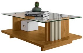 Mesa de Centro Para Sala Ripado Tampo de Vidro Mirezi M20 - D'Rossi - Cumaru e Opala