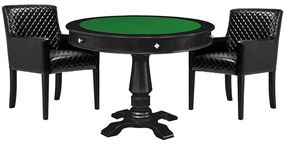 Mesa de Jogos Carteado Victoria Redonda Tampo Reversível Preto com Kit 2 Cadeiras Liverpool PU Preto Matelassê G36 G15 - Gran Belo