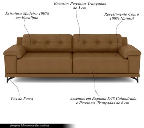Sofá Living 3 lugares 232cm Agostino Pés Design em Ferro Couro Caramelo G52 - Gran Belo