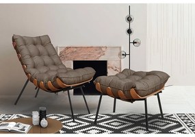 Kit 2 Puffs Decorativos Sala de Estar Abel Base de Madeira Preto Linho Marrom G41 - Gran Belo