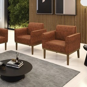 Kit 2 Poltronas Decorativas Isabella Pés Fixo em Madeira Castanho PU Nozes G19 - Gran Belo