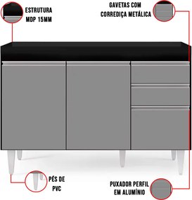 Balcão de Cozinha Lavanderia sem Tampo 02 Gavetas Beth 120 cm L06 - D'Rossi - Preto e Cinza