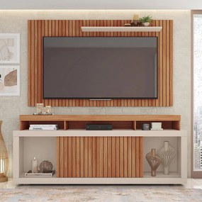 Painel TV 60 Pol 180cm e Bancada com Rodízio Sala Navel Freijó/Off White C01 - D'Rossi