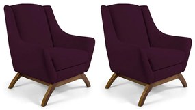 Kit 02 Poltronas Decorativas Sala de Estar Base de Madeira Naomi Veludo Roxo Grape G15 - Gran Belo