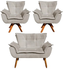Sofá Namoradeira e 2 Poltronas Giratória MM30 Opala Suede - Marrom Rato