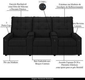 Poltrona do Papai Reclinável Sala de Cinema Movie 3 Lugares Manual Baú USB PU Preto