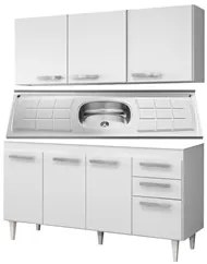 Armário Aéreo Parma e Balcão Gabinete Lisboa com Pia Inox 150cm Branco
