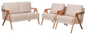 Kit 2 Poltronas + Namoradeira Mona Luxo Madeira Maciça Linho Bege