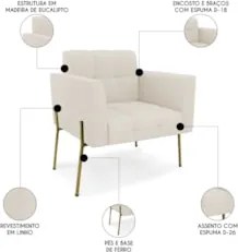 Poltrona Para Sala Pé Metal Dourado Kit 2 Ana Linho Bege - Ibiza