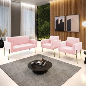 Sofá Namoradeira e 2 Poltronas Pé de Ferro Dourado Marisa Suede Rosa Bebê