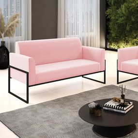 Sofá Namoradeira Base Industrial Alta Preto Marisa Suede D03 - DRossi - Rosa Bebê