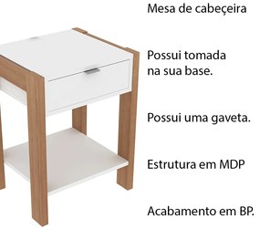 Mesa de Cabeçeira para Quarto Decorativa AZ1016 MDP Amendoa/Branco G69 - Gran Belo