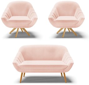 Kit 01 Namoradeira 02 Lugares e 02 Poltronas Giratória Giovana Veludo Base Madeira MA30 D03 - D'Rossi - Rose