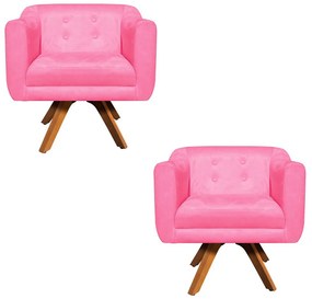 Kit 02 Poltronas Giratória  Julia Suede Base Madeira MM30 D01 - D'Rossi - Rosa Barbie