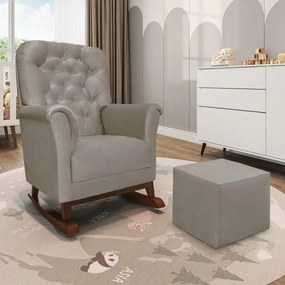 Poltrona de Amamentação Balanço Madeira e Puff Angelin Suede P02 - D'Rossi - Cinza escuro