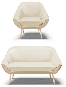 Kit 01 Namoradeira 02 Lugares e 01 Poltrona Giovana Corino Bege Pés Palito Natural - Indo Decorar