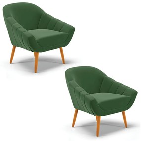 Kit 02 Poltronas Giovana Suede Verde Pés Palito Castanho - Indo Decorar