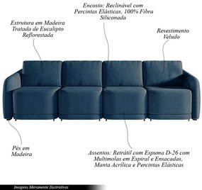 Sofá Cama Modulado Retrátil e Reclinável Decorativo Varsóvia 396cm Veludo Azul Marinho G33 - Gran Belo