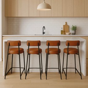 Banqueta de Cozinha Alta com encosto Industrial em aço kit 4 Londres PU D03 - D'Rossi - Nozes