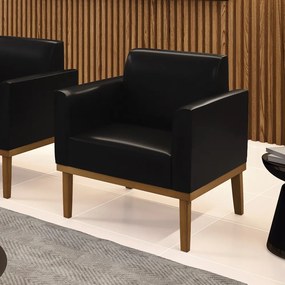 Poltrona Decorativa Isabella Pés Fixo em Madeira Castanho PU Preto Brilho G19 - Gran Belo
