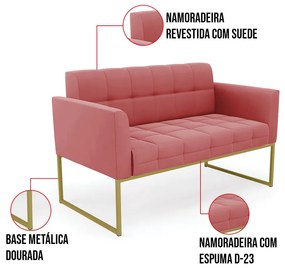 Kit 1 Sofá Namoradeira e 2 Poltronas Elisa Suede Base Metálica Industrial Dourado D03 - D'Rossi - Rose