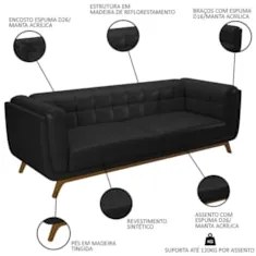 Sofá Living Decorativo 2 Lugares 180cm Bellart Z32 Sintético Preto - M