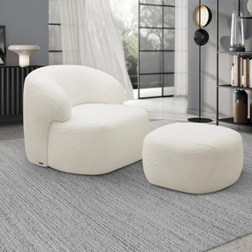 Conjunto Sala de Estar Decorativo Charlote 1 Sofá 180cm 2 Lugares 1 Poltrona Base Fixa com Puff Bouclê Off White G88 - Gran Belo