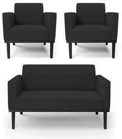 Conjunto 2 Poltronas e 1 Namoradeira Decorativa Isabella Pés Fixo em Madeira Preto Veludo Preto G19 - Gran Belo