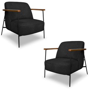 Kit 2 Poltronas Sala de Estar Pés em Ferro Preto Braço Madeira Maciça 86cm Thane Bouclê Preto G63 - Gran Belo