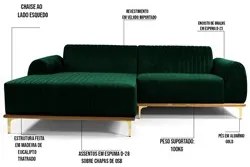 Sofá 320cm 5 Lugares com Chaise Esquerdo Pés Gold Molino C-303 Veludo