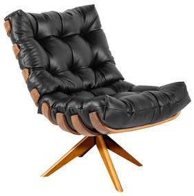 Poltrona com Puff Giratório Costela Couro Preto Base de Madeira MA30 M11 - D'Rossi