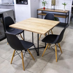 Kit 04 Cadeiras Eiffel Preto e 01 Mesa de Jantar 04 Lugares Jade 90 cm Natural Base Metálica Industrial Preto - D'Rossi