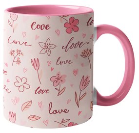 Caneca Amor e Flores Love and Flowers Interior e Alça Rosa