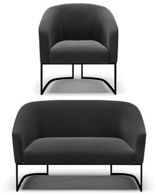 Sofá Namoradeira e Poltrona Base Industrial Preto Stella Suede D03 - D'Rossi - Preto