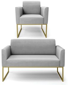 Sofá Namoradeira com Poltrona Base Industrial Dourado Marisa Suede D03 - D'Rossi - Cinza