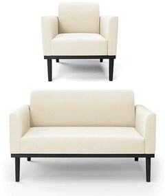 Conjunto Poltrona e Namoradeira Decorativa Isabella Pés Fixo em Madeira Preto Veludo Bege G19 - Gran Belo