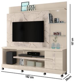 Estante de TV 55 Pol 182cm com Rodízio para Sala Elaris M20 - D'Rossi - Calacata e Off White
