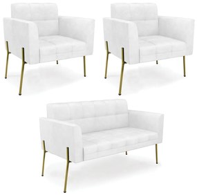 Sofá Namoradeira e 2 Poltronas Pé de Ferro Dourado Elisa Corano D03 - D'Rossi - Branco