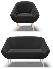 Kit 01 Namoradeira 02 Lugares e 01 Poltrona Giovana Suede Preto Pés Palito Natural - D'Rossi