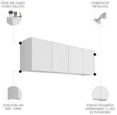 Armário de Cozinha Aéreo 118cm 4 Portas Monna Branco Z34    - Mpozenat
