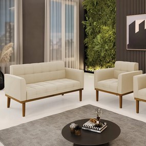 Namoradeira com Poltrona Base de Madeira Castanho Elisa Suede D03 - D'Rossi - Bege