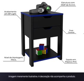 Conjunto Mesa Armário Estante e Gaveteiro para Escritório Home Office Gamer Cool MDP Preto/Azul G69 - Gran Belo