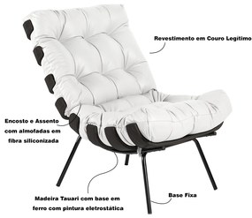 Poltrona Decorativa Sala de Estar Costela Base Preta Couro Branco G34 - Gran Belo