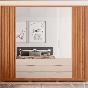Guarda Roupa Essence Casal Ripado 6 Portas de bater com 4 Espelhos e 6 Gavetas MDP Freijo/OffWhite G11 - Gran Belo