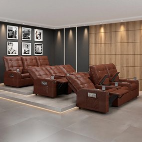 Poltrona do Papai Reclinável Sala de Cinema Movie 3 Lugares Manual Baú USB PU Marrom Brilho