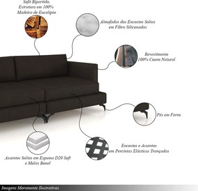 Sofá Living Bipartido 230cm Indonésia Pés de Ferro Couro Marrom G52 - Gran Belo
