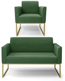 Sofá Namoradeira com Poltrona Base Industrial Dourado Marisa Suede D03 - D'Rossi - Verde